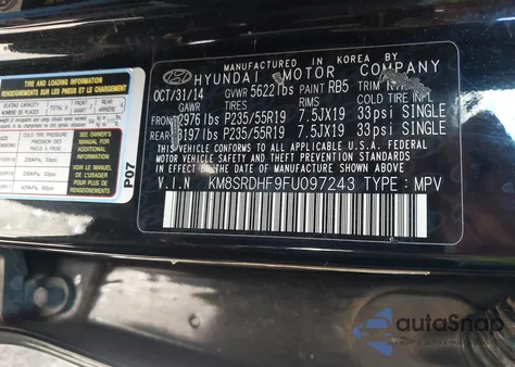 2015 Hyundai Santa Fe Limited from USA, damaged, VIN KM8SRDHF9FU097243